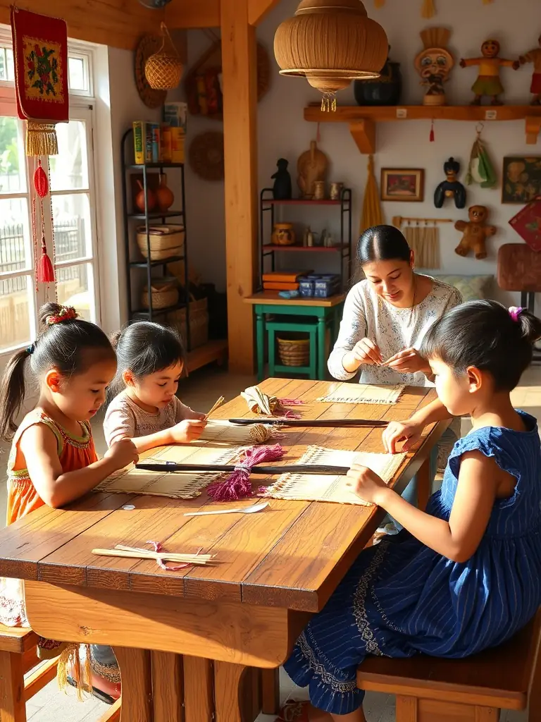 A photograph of children participating in an educational workshop, learning traditional crafts and engaging with cultural heritage.