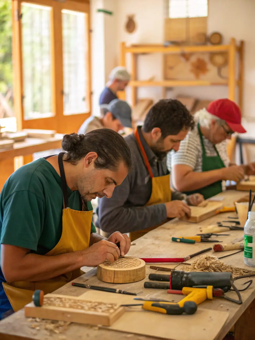 A vibrant photograph capturing participants actively engaged in a cultural heritage restoration project, showcasing teamwork and dedication to preserving historical artifacts.
