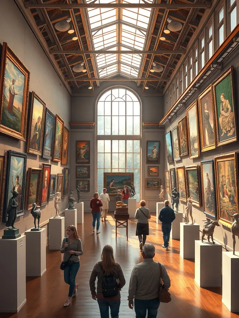 A vibrant image of an art exhibition with visitors viewing traditional paintings and sculptures.