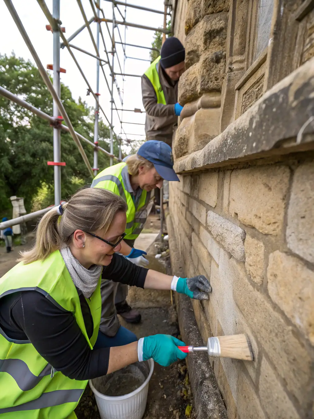 A group of volunteers cleaning and restoring an ancient stone building, showcasing the organization's commitment to preserving historical sites.