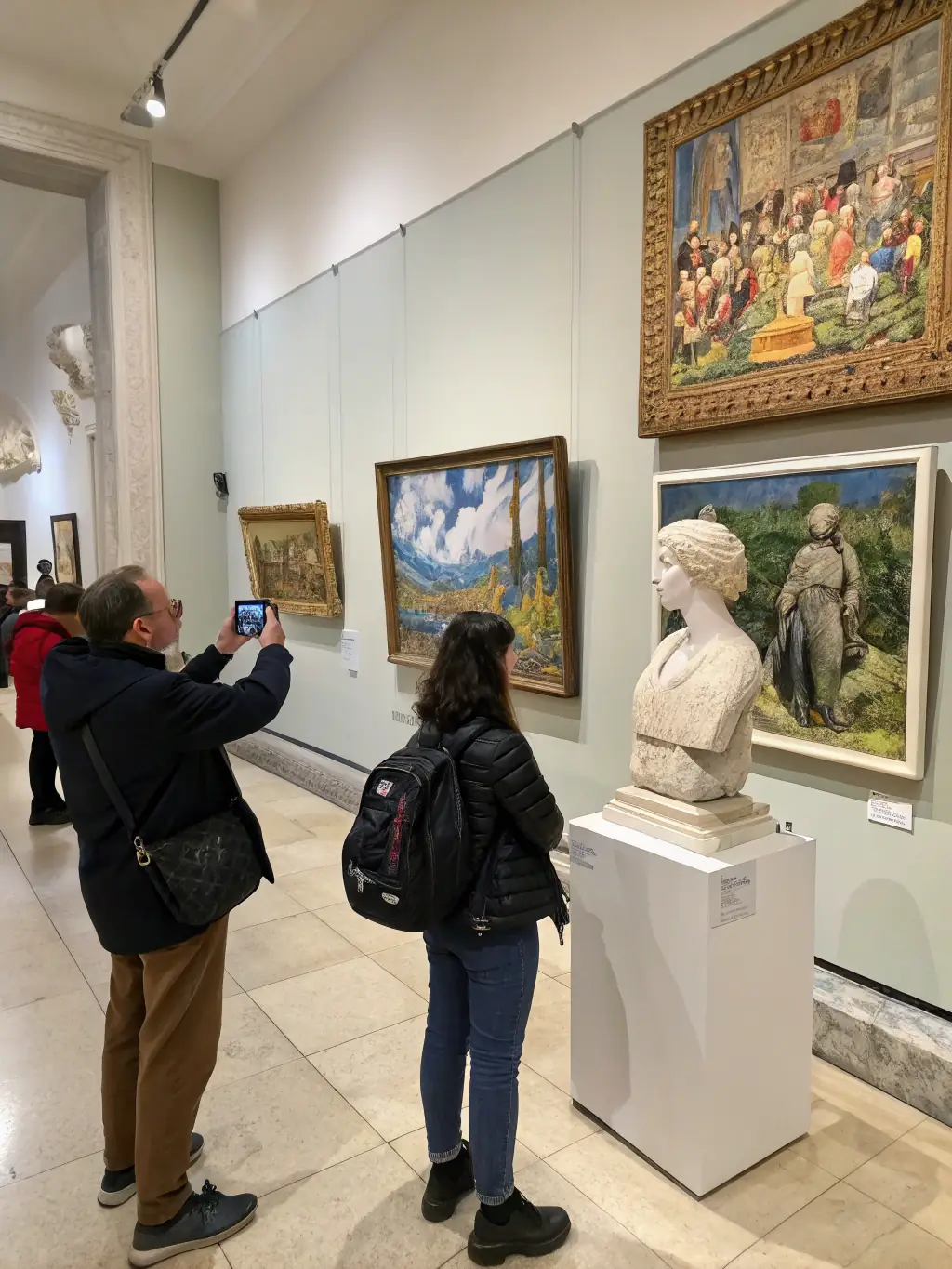A dynamic image of an art exhibition featuring local artists, with attendees admiring the artwork and engaging in conversations.